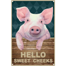 Hello Sweet Cheeks Vintage Pig Tin Sign 12 x 8 Inch