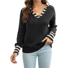 Women'S Striped  Collar Cuffs V-Neck Regular Fit Knit Sweater Black L