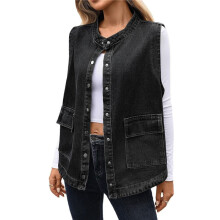 Women'S Oversized Denim Vest Mid Long Jean Vest Sleeveless Jackets Black & Gray M