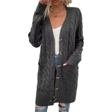 Cardigan à Manches Longues pour Femme, Automne et Hiver, Pull en Tricot Torsadé, Boutonné sur le Devant, Manteau Long Gris Foncé S