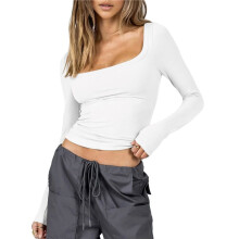 Womens Cotton Crop Tops Long Sleeve T Shirts Square Neck Y2k Tops Slim Fit Going Out Fall Fashion Clothes White L