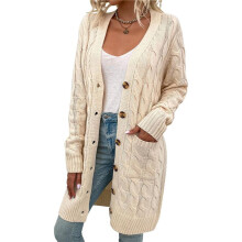Cardigan à Manches Longues pour Femme, Automne et Hiver, Pull en Tricot Torsadé, Boutonné sur le Devant, Manteau Long Blanc Crème S