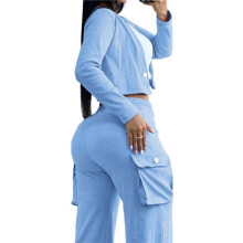 2-Teiliges Freizeit-Outfit für Damen, Kurze Blazerjacken, Hoch Taillierte Arbeitshosen mit Weitem Bein Himmelblau XL