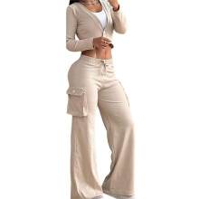 2-Teiliges Freizeit-Outfit für Damen, Kurze Blazerjacken, Hoch Taillierte Arbeitshosen mit Weitem Bein Khaki XL