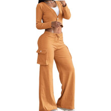 Women'S 2 Piece Casual Outfits Cropped Blazer Jackets High Waisted Wide Leg Work Pants Suit Set Yellow S