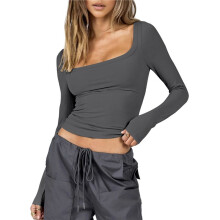 Womens Cotton Crop Tops Long Sleeve T Shirts Square Neck Y2k Tops Slim Fit Going Out Fall Fashion Clothes Dark Gray XL