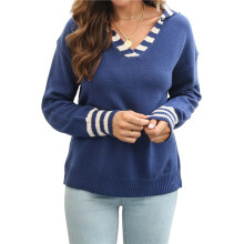 Women'S Striped  Collar Cuffs V-Neck Regular Fit Knit Sweater Dark  S