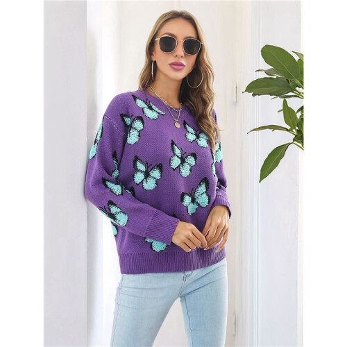 Damen Lässiger Strickpullover mit Schmetterlingsdruck, Langarm, Rundhalsausschnitt Lila M 1