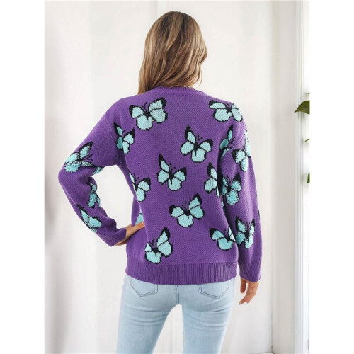 Damen Lässiger Strickpullover mit Schmetterlingsdruck, Langarm, Rundhalsausschnitt Lila M 2