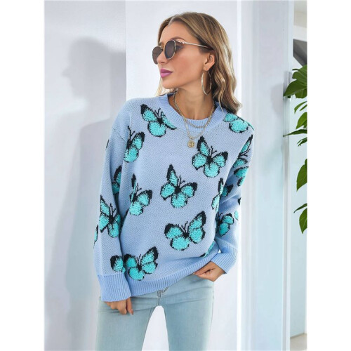 Damen Lässiger Strickpullover mit Schmetterlingsdruck, Langarm, Rundhalsausschnitt Blau S 1