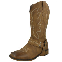 (Tan, UK 5) Ladies Spot On Low Heel Cowboy Boots with Ring Trim Strap F51234