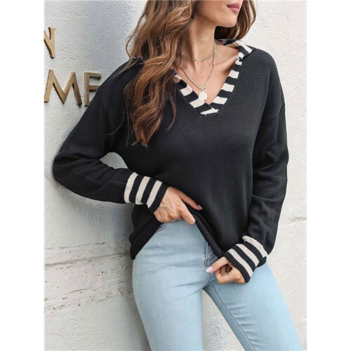Damen-Strickpullover mit Gestreiftem Matrosenkragen, V-Ausschnitt und Normaler Passform Schwarz L 2