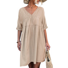 Abito estivo casual da donna, con tasche, abito plissettato e svolazzante, mini abito a maniche corte con scollo a V, abito estivo ampio ispirato a