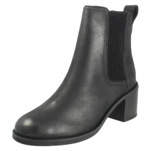 (Black, UK 3) Ladies Clarks Block Heel Pull On Leather Ankle Boots - Chamberly Top