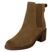 (Brown, UK 7) Ladies Clarks Block Heel Pull On Leather Ankle Boots - Chamberly Top