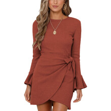 Dames midi-jurk met strikceintuur, lange mouwen, ruches, wikkeljurk voor feestjes, zwierige A-lijn silhouet, casual gebreide jurk voor de herfst en