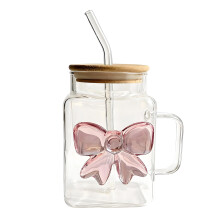 Elegant Wooden Lid Glass Cup With Convenient Carry-Bow Tie