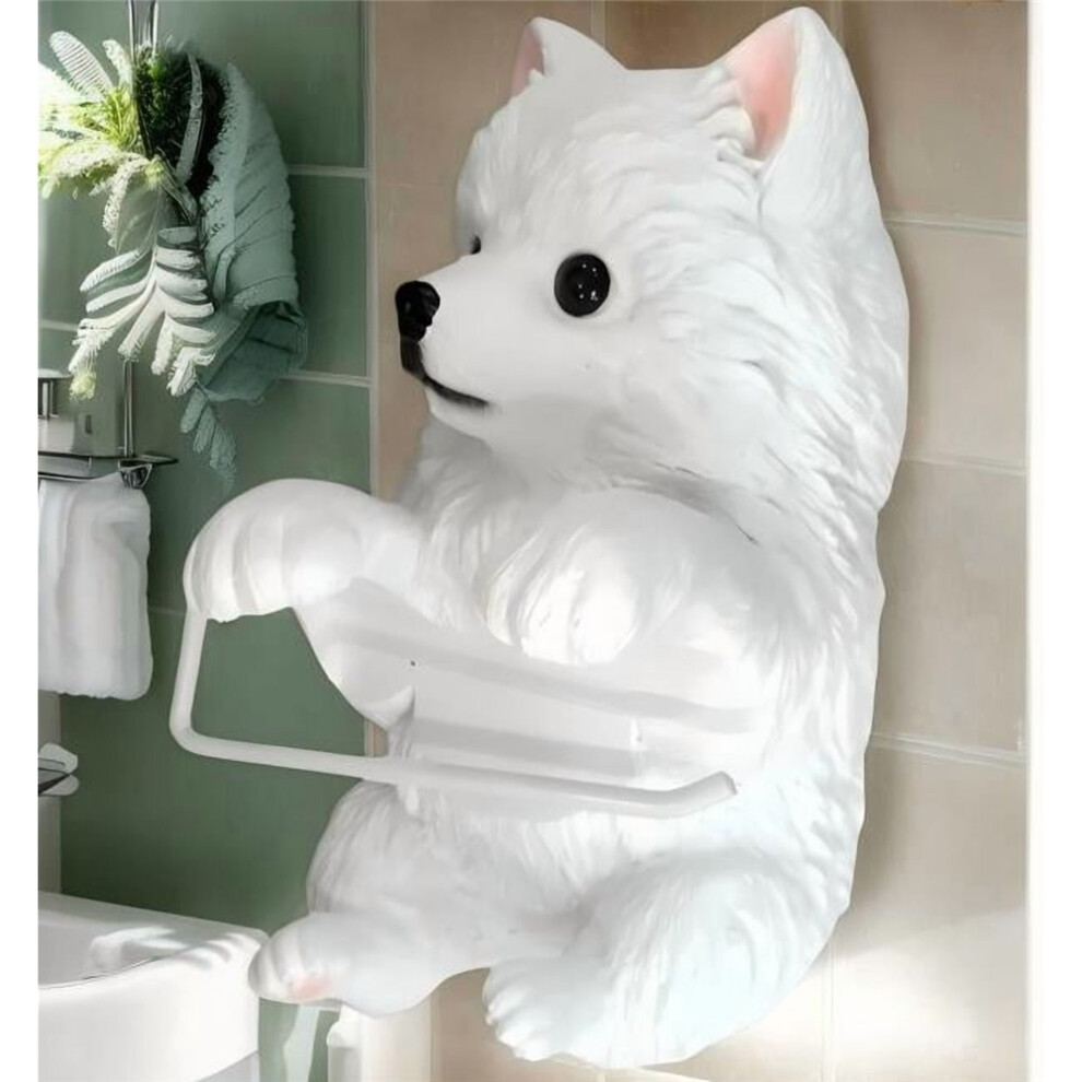 Cxinlky (Samoyed) 3D Resin Cute Dog Toilet Roll Holder, Wall Mounted Tissue Rack With Puppy Eyes For Bathroom