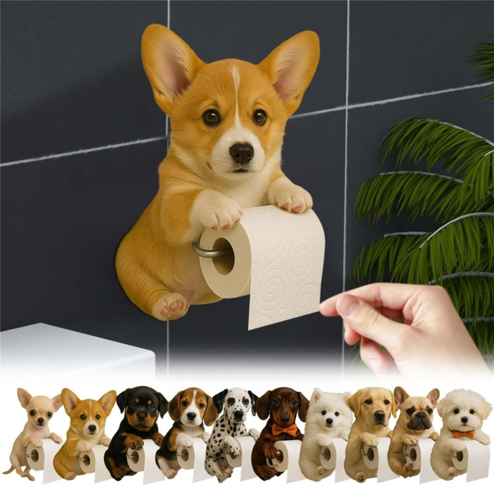 Cxinlky (Corgi) 3D Resin Cute Dog Toilet Roll Holder, Wall Mounted Tissue Rack With Puppy Eyes For Bathroom