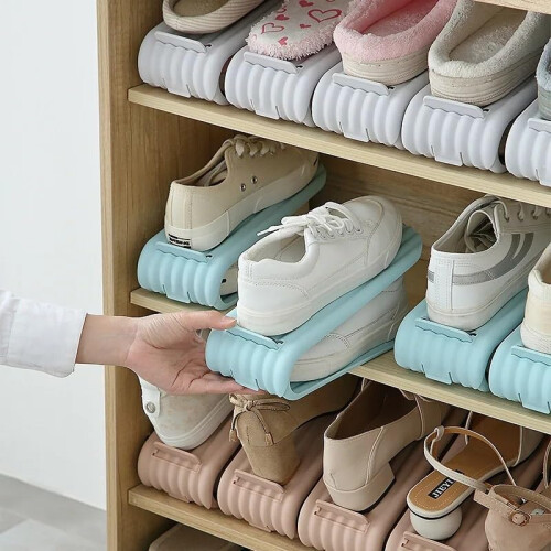 Double Stacking Adjustable Shoe Rack Space Saving Freestanding Shoe Organizer for Home Navy 1