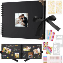 80-seitiges schwarzes Fotoalbum, Scrapbooking-Album 29,5 x 21 cm, Scrapbooking-Buch mit 6 Metallstiften, für 160 Fotos (Schwarz)