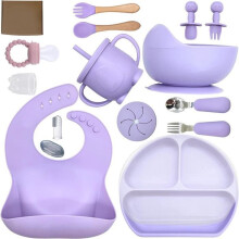 Silikon-Babymahlzeiten-Set, mit Saugnäpfen, rutschfest, 17-teilig, spülmaschinen- und mikrowellengeeignet, Lila
