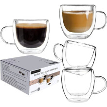 Doppelwandiger Glasbecher, Kaffeebecher aus Borosilikatglas mit Henkel für Tee, Cappuccino, Milch, Saft, 4er-Set (150 ml)