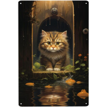 Vintage Cat Tin Sign – Autumn Forest & River Wall Art