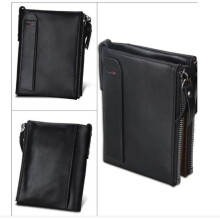 Faltbare Herren-Lederbrieftasche mit Doppelreißverschluss (Schwarz)