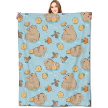Capybara Flannel Throw Blanket, Orange Bird Design, 80x60 in