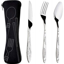 Campingbesteck-Set, 3-teilig aus Edelstahl mit Neoprentasche für Reisen und Camping (schwarz)