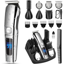Professioneller Haarschneider für Herren – kabelloser Bartschneider – wiederaufladbar und wasserdicht – 6 Scherköpfe und 5 Kämme, Silber