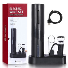 Elektrischer Korkenzieher – USB-Aufladung – mit Folienschneider, Flaschenverschluss, Weinausgießer, Sockel – Schwarz