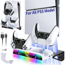 RGB-Wandhalterung für PS5 PRO/Slim/Digital, DualSense/Edge-Ladestation, Kopfhörerhalter und 3 USB-Hubs