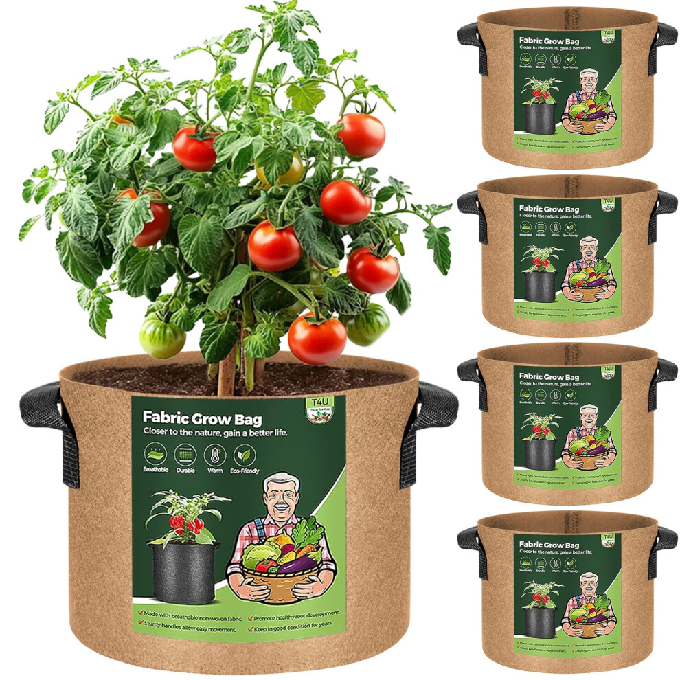 5-Pack 10 Gallon Fabric Plant Grow Bags, Heavy Duty Smart Growing Bag With Handle, Thickened Breathable Nonwoven Growbag Planter Container For T4u
