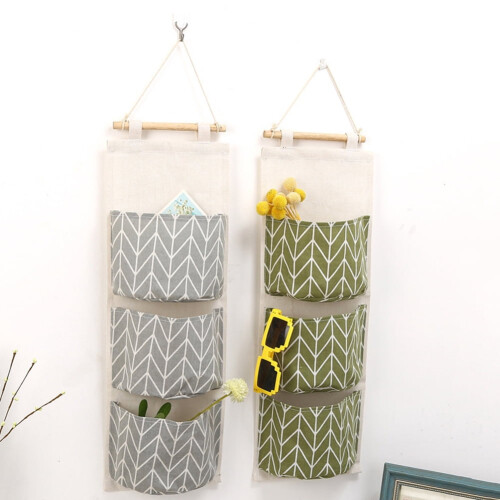 Linen Wall Hanging Storage Bag with 3 Pockets 2