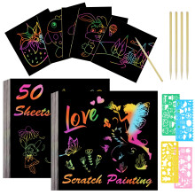 Vicloon Rainbow Scratch Art, 50Pcs Black Magic Scratch Art Notes Painting Boards Arts and Crafts for Kids with 4 Stencils 5 Wooden Stylus Birthday