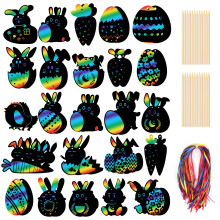 Vicloon Rainbow Scratch Art, 48pcs Rainbow Scratch Bookmarks, Scratch Art for Kids with 48 Ribbons and 24 Wood Stylus, Rabbit, Easter Eggs Bookmarks