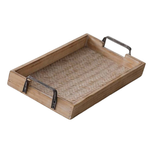 Bucolic Wooden Cup Holder Tray With Wicker Pattern And Iron