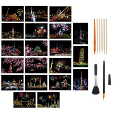 tao Pipe 20PCS Scratch Art Paper DIY Night View Scratchboard Rainbow Painting Art Craft Scratch World Famous City Landmarks DIY Art Set with Tools Kit