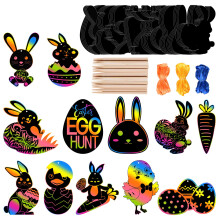 FEPITO 24 Pcs Easter Scratch Paper Kits Bunny Scratch Paper Black Doodle Pad Magic Painting Board Craft with 10 Wooden Stylus and 8M Ribbons for