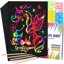 Mocoosy 60Pcs Scratch Art Paper for Kids -Rainbow Magic Scratch Paper Art Craft Kit Scratch Note Black Doodle Pads with Stencil for Party Favour Game