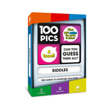 100 PICS Riddles Game - Guess 100 Riddles and Brain Teasers. 50 cards with picture and anagram clues. Game case with moving doors and answer revealer.