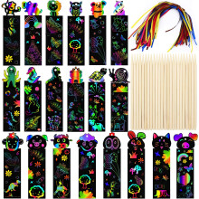 Scratch Art for Kids, 48 Pcs Magic Rainbow Bookmarks for Children, Scratch Art Party Bag Fillers, Animal Craft DIY Scratch Paper Art Tags with Wooden