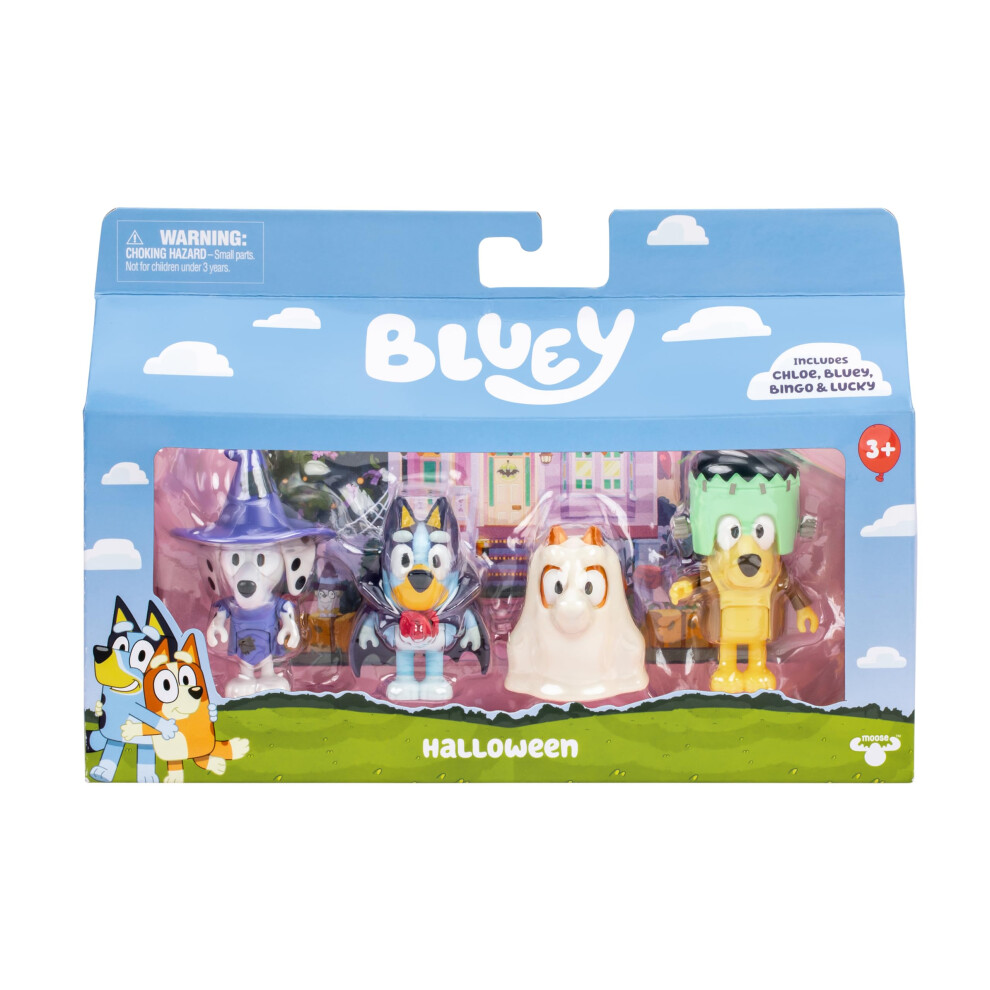 Bluey Figure 4-Packs, Halloween, 2.5 Inch Poseable Figures Of Bingo, Chloe And Lucky Dressed In Halloween Costumes, With Accessories