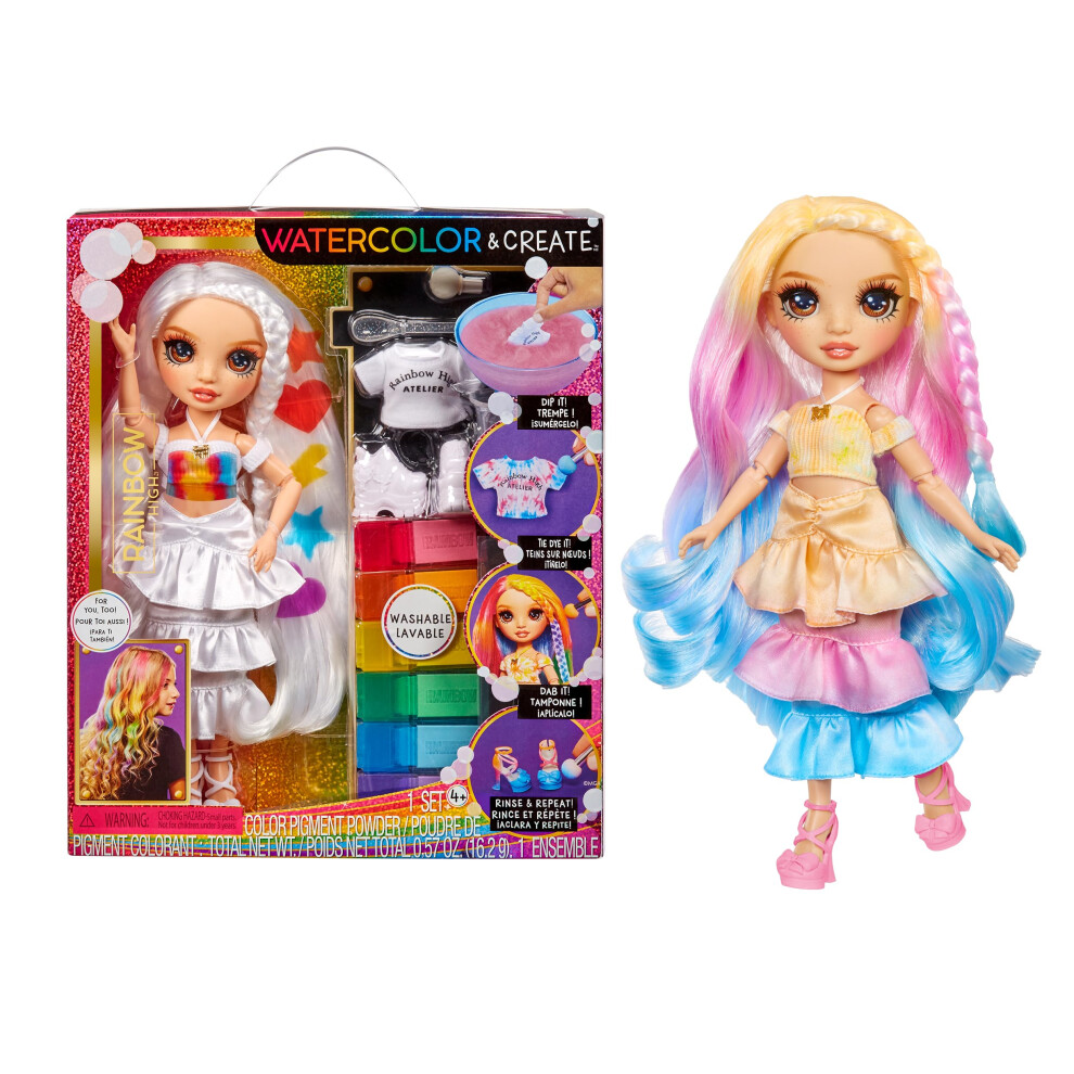 Rainbow High Watercolour & Create Diy Fashion Doll With Washable Watercolours And Tie-Dye Kit - Eyes, Curled Hair, Extra Top & Shoes - Colour, Brown