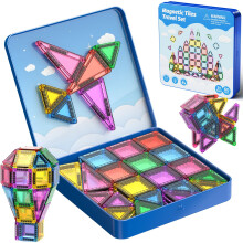 burgmate Magnetic Tiles Travel Toys, 60PC Mini Magnetic Blocks with Iron Case, 3D Clear Magnetictiles Road Trip ?Essentials Sensory Kids Building Toy
