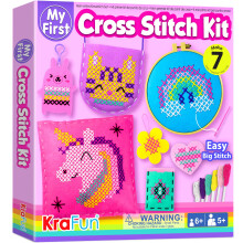 KRAFUN My First Cross Stitch Kit for Kids Ages 5-12, 6 Beginner Arts & Crafts Projects with Keyring, Bag, Pillow, Instructions, Felt Materials,