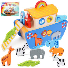 KMTJT Toddlers Wooden Noah's Ark Toy Animal Playset, Baptism Gifts for 2 3 Boys Girls, Shape Sorter Early Learning Montessori Toys with Bible Story