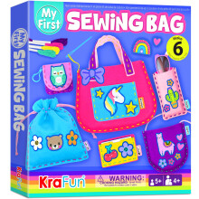 KRAFUN My First Sewing Bag Set for Kids, Beginner Crafts with 6 DIY Animal Handbag Projects, Plush Felt Materials, Embroidery Supplies, Instructions,